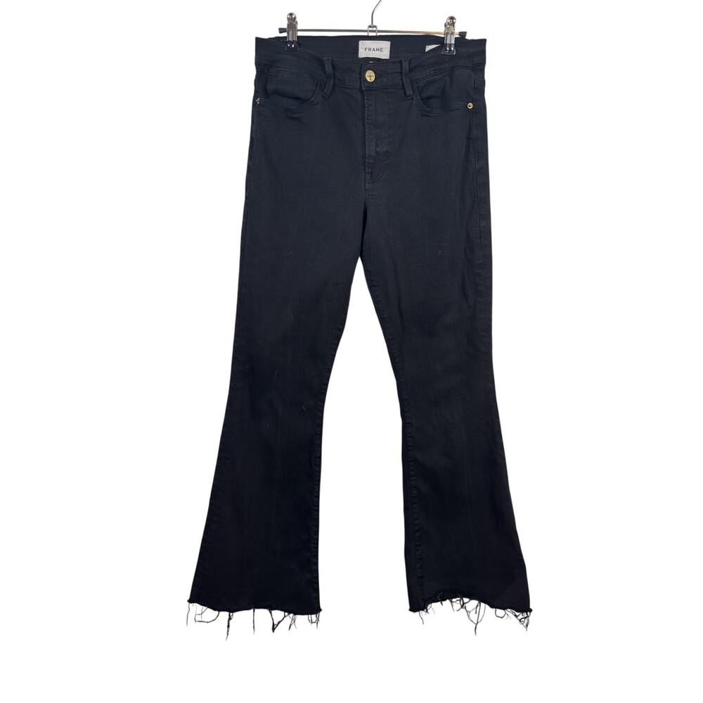 FRAME Le High Flare Jeans Womens 30 Black Denim Raw Hem Stretch 28" Inseam